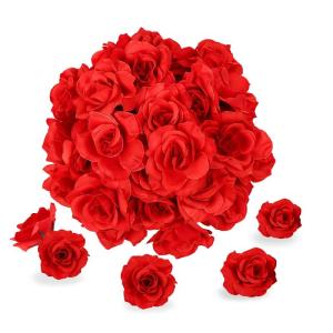Kunstbloemkoppen, 50 stuks, kunstbloemen, rozen, voor bruiloft, feest, decoratie, doe-het-zelf (Ø 6 cm, rood)