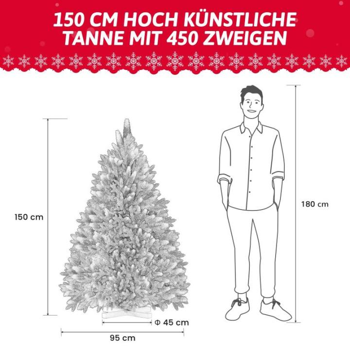 Onin, kunstkerstboom met kunstsneeuwcoating op punten, met 450 takken en houten standaard, inclusief 55 PE-spuitgietwerk en 395 pvc-punten, klapsysteem (H150 cm)