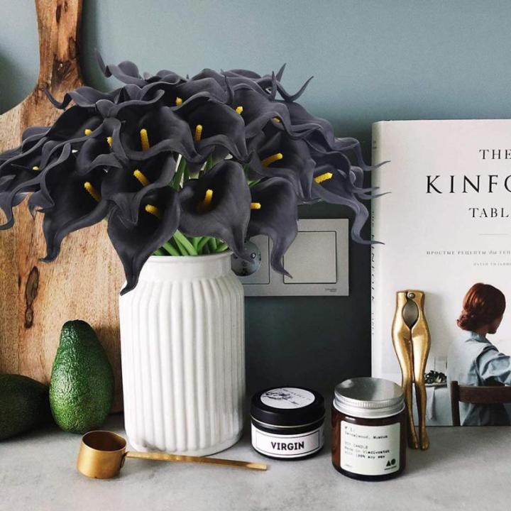 24 Stück Schwarze Calla-Lilien-Blumen, künstlich für Dekorationen, Schwarze künstliche Blumen, Calla-Lilien-Blumenstrauß für Hochzeit, Tafelaufsätze, Blumen-Dekoration, Heim