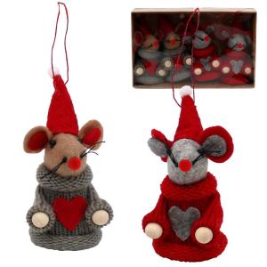 Textiel/gebreide kerstmuizen hanger/boomopknoping als set van 4 in grijs/rood, ca. 5 x 5 x 9,5 cm, 550112
