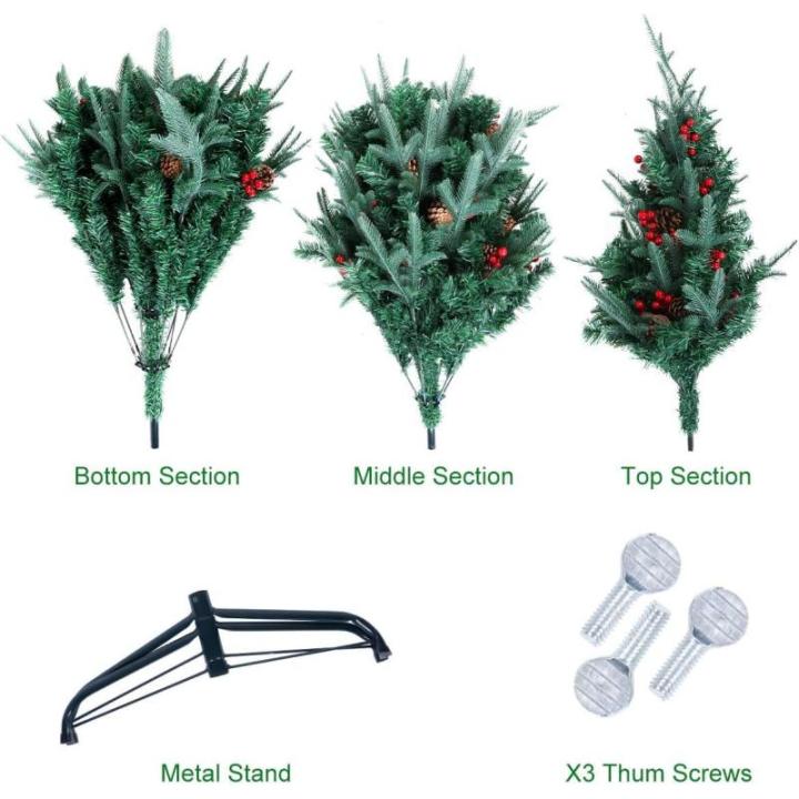 2,1 m kerstboom met dennenappels en bessen, PVC kunstmatige kerstboom met metalen standaard, kerstboom voor binnen buiten, groen