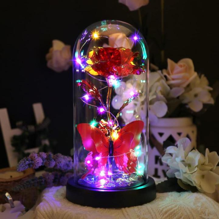 De eeuwige roos "Belle und the Beast", Galaxy Rose, cadeau voor vriendin, roos in een glazen koepel met ledlicht, cadeau voor mama (rood)