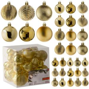 gouden kerstbalornamenten voor kerstversiering - 36 stuks kerstboom onbreekbare ornamenten met ophanglus voor vakantie- en feestdecoratie (combo van 6 stijlen in 3 maten)