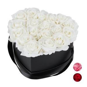 Rozenbox hart, 18 rozen, stevige bloemenbox, zwart, 10 jaar houdbaar, cadeau-idee, decoratieve bloemenbox, wit, 13 x 21 x 19 cm
