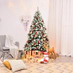 Kunstkerstboom met sneeuw en warmwitte ledverlichting, dennenboom met metalen standaard, pvc-naalden, kunstboom, kerstgroen, 135/180/225 cm