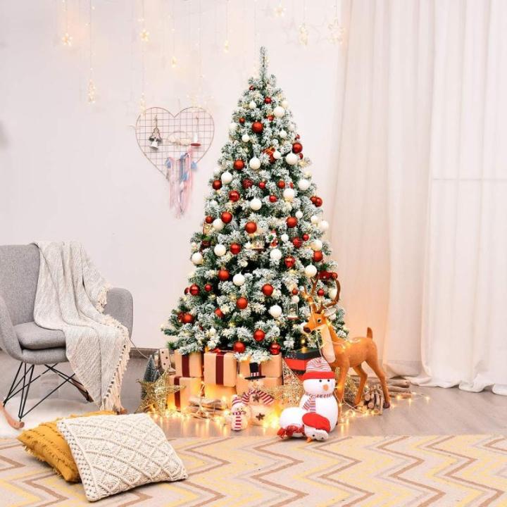 Kunstkerstboom met sneeuw en warmwitte ledverlichting, dennenboom met metalen standaard, pvc-naalden, kunstboom, kerstgroen, 135/180/225 cm