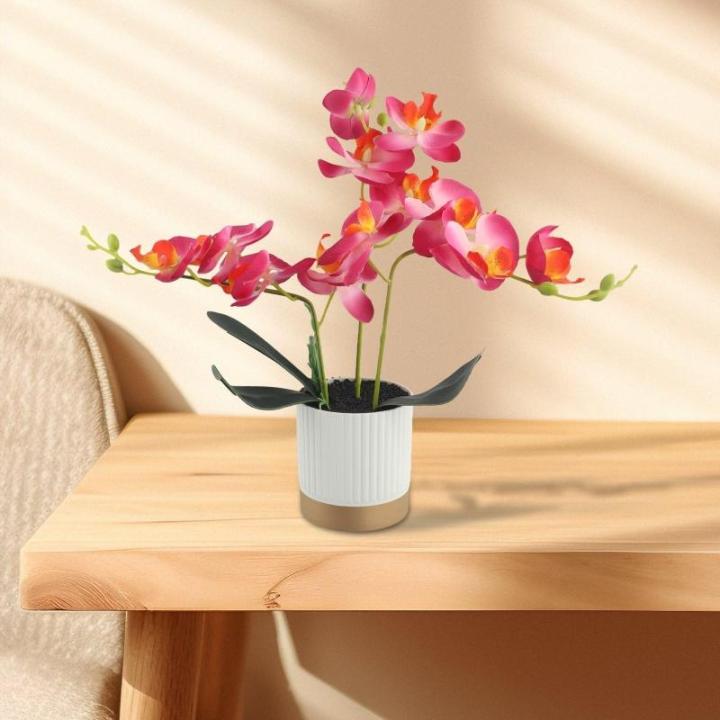 Künstliche Blume Phalaenopsis Bonsai Dekoration Künstliche Orchidee Blume lebensechte künstliche Blume Display in Weißgoldrand Topf (Rose Red)