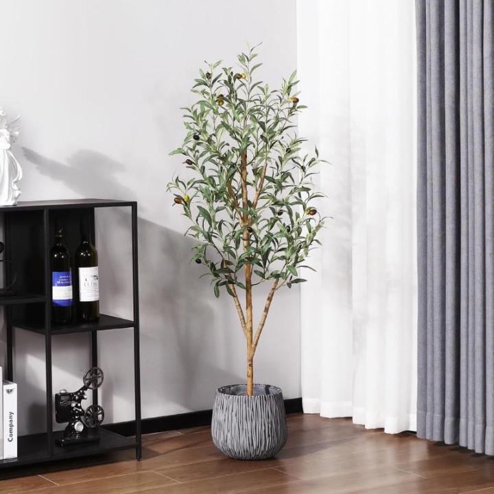 Kunstmatige olijfboom, 120 cm, grote kunstplant met natuurlijke houten stam en vruchten, kunstmatige olijfboom in pot, voor huis, slaapkamer, kantoor, tuin, decoratie (2 stuks)
