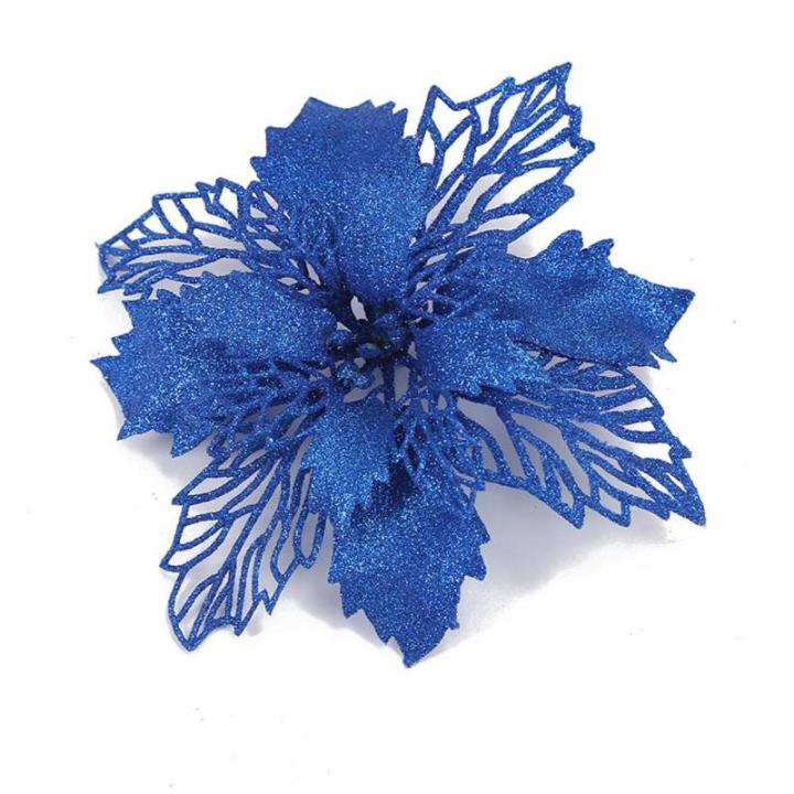 Poinsettia Kerstbloem, 10 stuks, glitter, kerstster, bloemen met clips, voor kerstboomdecoraties, kerstbloemen voor Kerstmis, tuin, Nieuwjaar, kransen, blauw