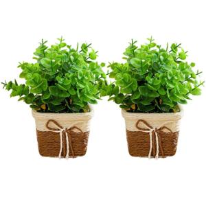 Künstliche Blüten in Töpfen 2pcs kleine realistische künstliche Eukalyptusblatt rustikaler Kunststoffpflanzen mit Weaven -Topf gefälschte Bonsai -Pflanzen Hochzeitstisch Dekor