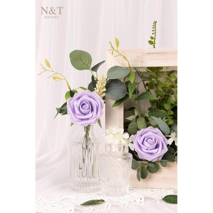 Kunstbloemen, 50 stuks, kunstschuim, rozen, paarse bloemen met stengels, lavendel, voor doe-het-zelf bruiloft, bruidsmeisje, bruidsboeket, middenstuk, feest, binnendecoratie (serie