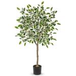 Benjamini Ficus, , grote kunstboom, kamerplant, decoratie met afneembare echte houten stam, voor kantoor, decoratie, slaapkamer, eetkamer, binnen, buiten, groen/wit, 120 cm