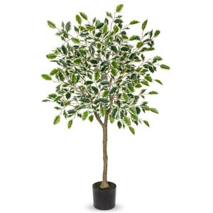 Benjamini Ficus, , grote kunstboom, kamerplant, decoratie met afneembare echte houten stam, voor kantoor, decoratie, slaapkamer, eetkamer, binnen, buiten, groen/wit, 120 cm
