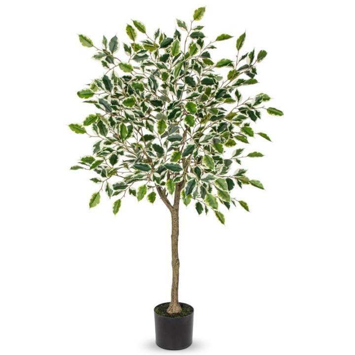 Benjamini Ficus, , grote kunstboom, kamerplant, decoratie met afneembare echte houten stam, voor kantoor, decoratie, slaapkamer, eetkamer, binnen, buiten, groen/wit, 120 cm