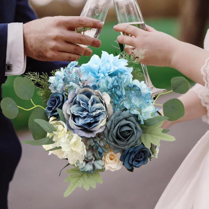 Stoffig Blauw Zijde Kunstrozen Combo Pioenroos Bloem voor DIY Bruiloft Bruids Boeket Party Woondecoraties (Stoffig Blauw)