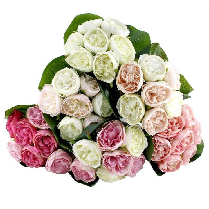Peony Pioenrozen, boeket met 7 bloemen, 3 bladen, verschillende kleuren -