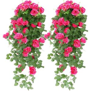 Set van 2 kunstrozen bloemen mand wijnstok nep opknoping mand plant wijnstok nep zijde hangende bloem voor tuin balkon hek buiten binnen deur decoratie (C roze roze)