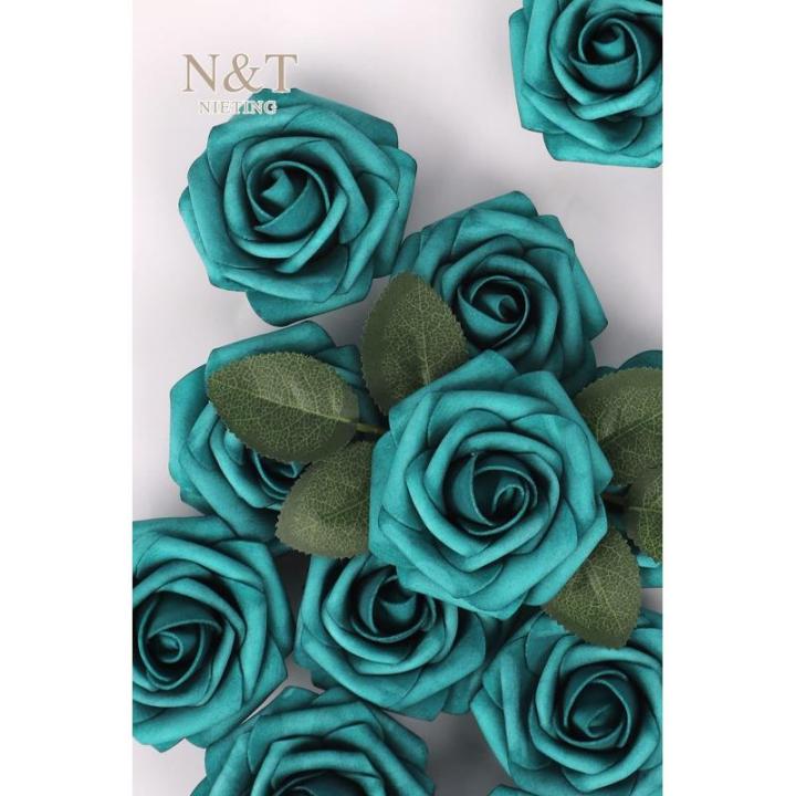 Kunstbloemen, rozen, 25 stuks, rozen decoratie met stelen, kunstrozen voor bruiloft, Valentijnsdag, Moederdag, babyshower, woondecoratie, malachiet groen