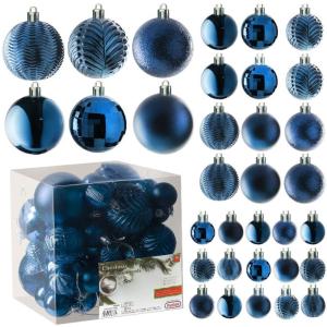 middernachtblauwe kerstbalornamenten voor kerstversiering - 36 stuks kerstboom onbreekbare ornamenten met ophanglus voor vakantie- en feestdecoratie (combo van 6 stijlen in 3 maten