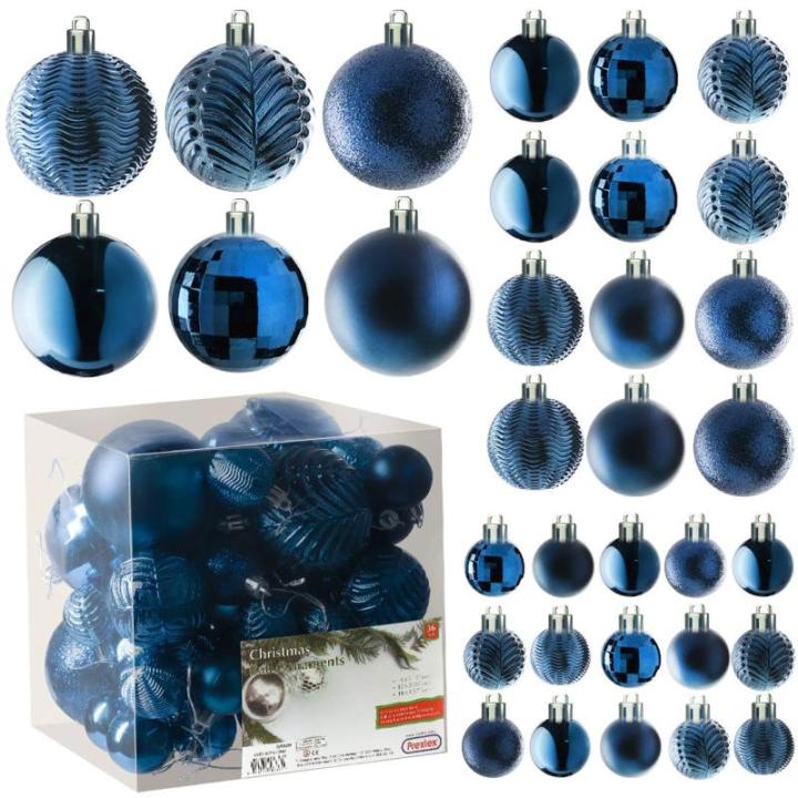 middernachtblauwe kerstbalornamenten voor kerstversiering - 36 stuks kerstboom onbreekbare ornamenten met ophanglus voor vakantie- en feestdecoratie (combo van 6 stijlen in 3 maten