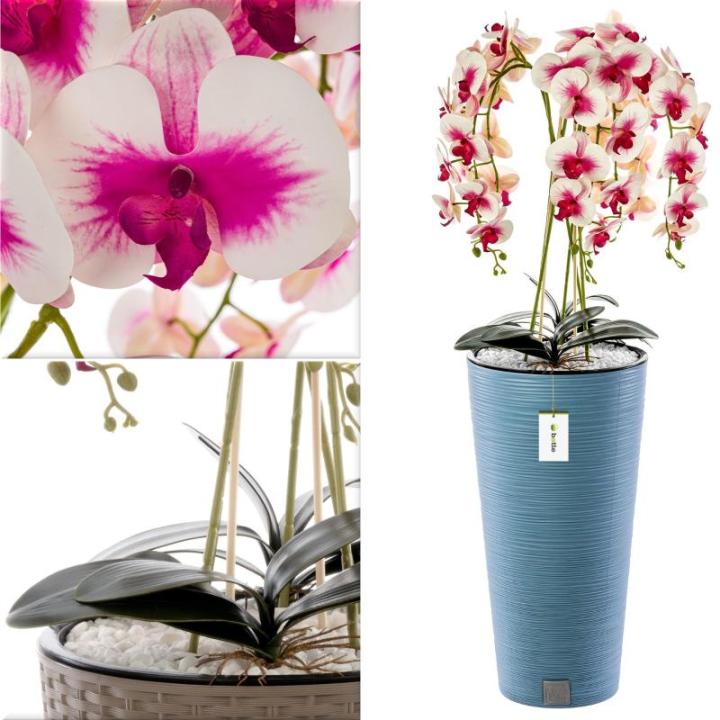 Künstliche Orchidee Kaskaden Blumenstrauß Creme und Rosa im Topf Blau H 110 cm Heimbüro Dekoration, Kunstpflanze Orchidee, Kunstblume, Künstliche Orchidee im Topf