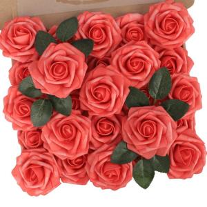 Kunstbloemen, rozen, 25 stuks, kunstrozen met steel, voor doe-het-zelf bruiloft, boeketten, bruidsdouche, tafelopzetstukken, bruid, woondecoratie, koraalrood