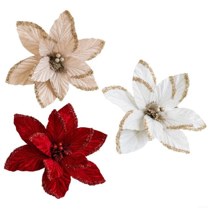 30 cm Weihnachtsblumen, weihnachtliche Glitzer-Weihnachtssterne, Weihnachtsbaumschmuck-Anhänger, handgefertigte Weihnachtsdekoration, künstliche Blumen(Cremeweiß)