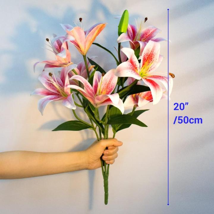 Kunstleliebloemen met 12 hoofden, lange steel kunstmatige lelies met 9 hoofden, volledige bloei, lelie en 3 lelieknoppen, namaakboeketten voor thuis, hotel, bloemstuk, feestdecorat