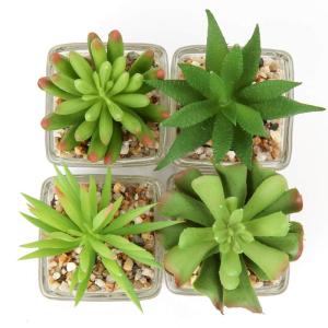 Kunstplant kunstmatige vetplant kamerplant decoratieve woonkamer, badkamer decoratieve plant vetplant, hoogte 10,5 cm, in glazen pot, set van 4