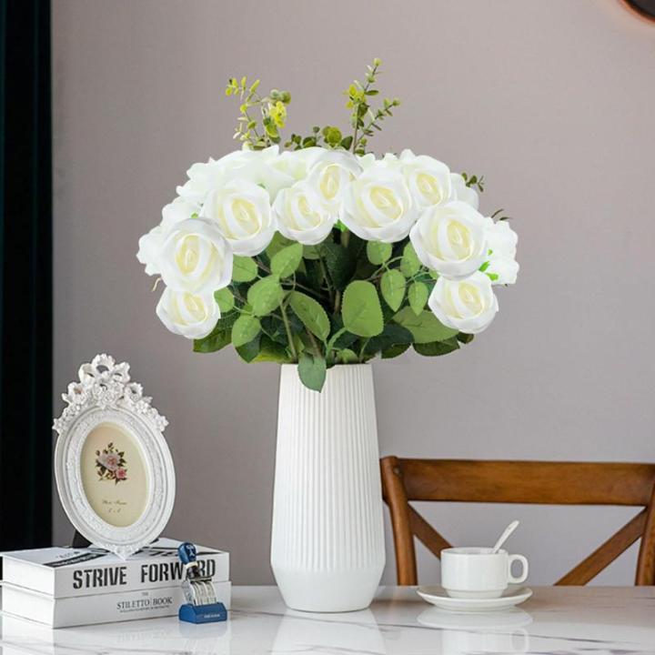 Kunstrozen, 15 stuks, kunstbloemen, net echt, lange stem, kunstrozen voor doe-het-zelf bruiloftsdecoratie, bruidsboeket, tuin, feest, hotel, kantoor, decoratie, rozen (wit)