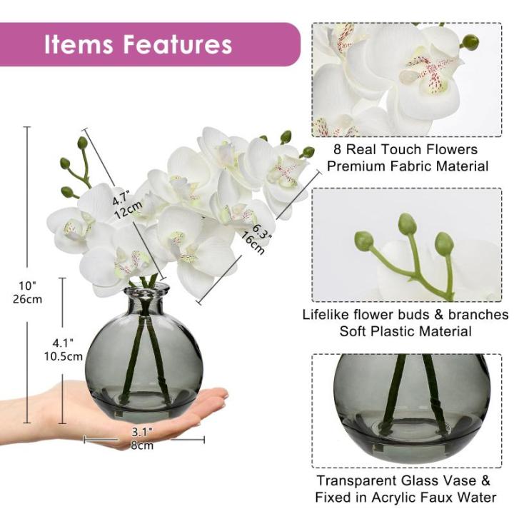 2 stuks witte kunstorchideeën met zwarte glazen vaas, kunstplant decoratie orchideeën kunstbloemen in vaas met Real Touch bloemen, namaak-orchideeën, kunstmatige bonsai voor hot
