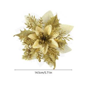 Künstliche Weihnachtsblumen, 24 Stück Weihnachtsbaumblumen mit Clips, Weihnachtsbaumschmuck, künstliche Blumenornamente für Winter, Hochzeit, Party, Kranz, Dekoration (Gold)