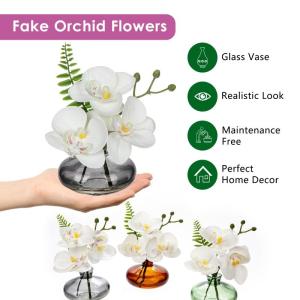 Set van 3 kunstorchideeën in dimgrijze glazen vaas, witte orchideeën nepbloemen in kunstwater voor decoratie nepplanten voor woonkamer badkamer kantoordecoratie