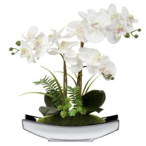 Phalaenopsis Kunstmatige Orchidee in pot, zilverkleurig, 38,1 cm, kunstbloem voor tafelopzetstuk, woonkamer, woondecoratie