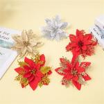 Kerstbloem, kerstster, glitter kerstbloemen, kerstster, kerstboombloemen, decoratie, kunstmatige kerstbloemen, kerstster, bloemen (zilver, 15 stuks)