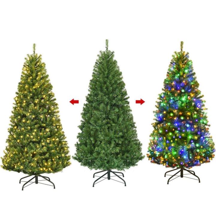 Künstlicher Weihnachtsbaum mit LED Beleuchtung, Tannenbaum Grün aus PVC Nadeln, Christbaum mit Klappbarem Metallständer, Christemas Tree 11 Lichtmodi /5 Farbwechsel (210 cm)