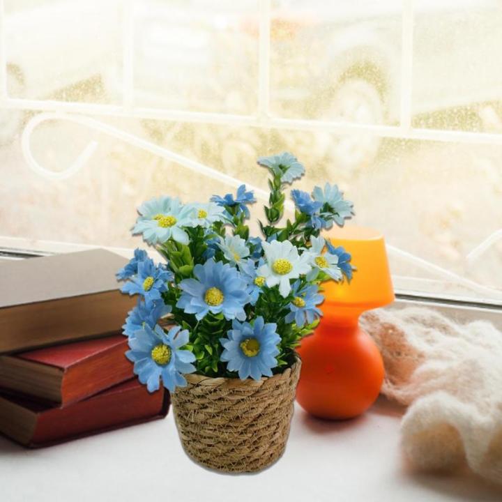 Künstlicher Gänseblümchentopf, kleine Kunstpflanzen mit Topf - Blumenarrangement mit Gänseblümchen im Rattantopf,Seidiger künstlicher Gänseblümchen-Rattan-Topf-Bonsai für 