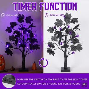 Halloween decoratie voor binnen, zwart esdoornblad, boomverlichting met 24 leds, Halloween-decoratie, griezelige lichtboom met led-spinnenlicht, berkenboom met timer voor Halloween