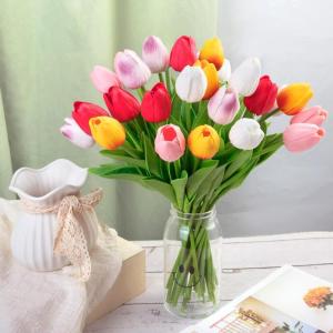Kunsttulpen van latex, realistische kunsttulpen, boeket voor thuis, bruiloft, feest (wit + sakura-roos + zonsondergang-rood + geel + rood)