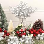 24 stuks glitter-zilveren bessenstelen, kunstzilveren bessen, plukken, glitter, zilveren bessen, takken, kerstbessen, steel, picks voor kerstboom, doe-het-zelf knutselen, bruiloft,