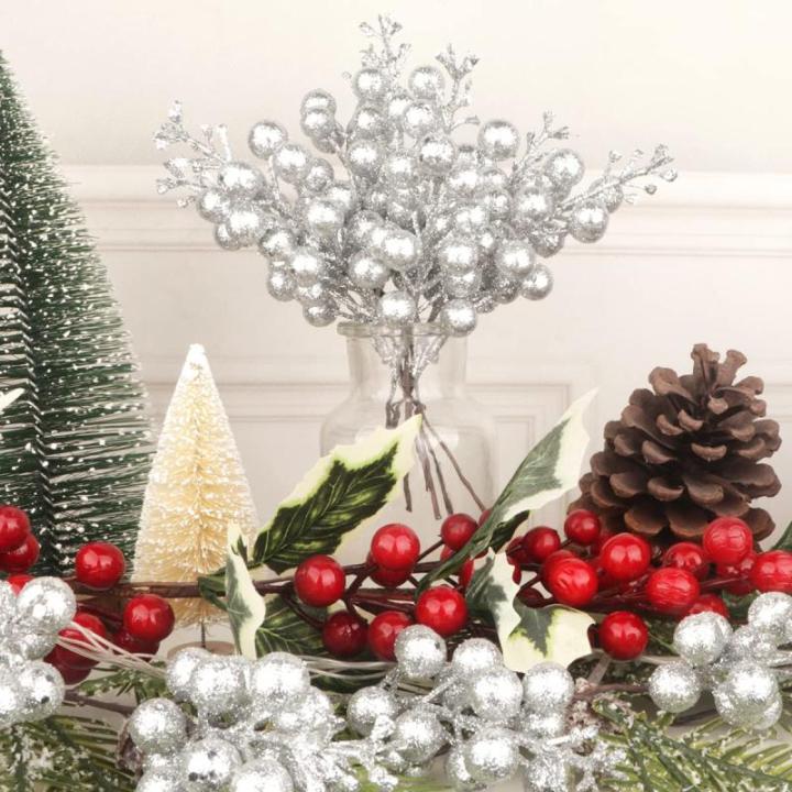 24 stuks glitter-zilveren bessenstelen, kunstzilveren bessen, plukken, glitter, zilveren bessen, takken, kerstbessen, steel, picks voor kerstboom, doe-het-zelf knutselen, bruiloft,