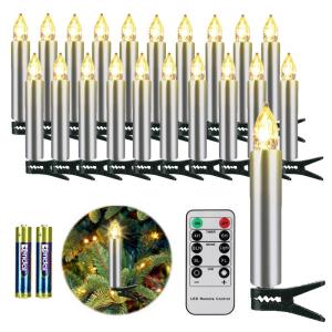 20 LED Kaarsen Zilver Kerstkaarsen Draadloos, Kerstboomkaarsen met Afstandsbediening Timer Flikkeren Warmwit Kerstverlichting voor buiten Waterdicht Kerstdecoratie（met 20 batteri