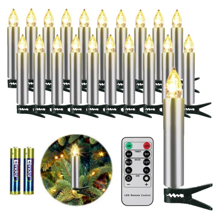 20 LED Kaarsen Zilver Kerstkaarsen Draadloos, Kerstboomkaarsen met Afstandsbediening Timer Flikkeren Warmwit Kerstverlichting voor buiten Waterdicht Kerstdecoratie（met 20 batteri