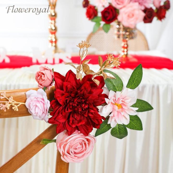 Künstliche Blumen Combo Rote Blumen Mix Seidenblumen Dahlie Rosen mit Stielen für DIY Hochzeit Brautsträuße Babyparty Blumenarrangement Tischaufsätze Heimdekorationen