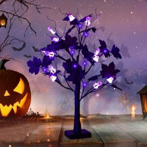 Halloween Dekor Innen Schwarz Ahornblatt Baum Lichter mit 24 LEDs,Halloween Deko Gruselig Lichterbaum mit LED Spinnenlicht,Birkenbaum mit Timer für Halloween Decoration Tischlicht