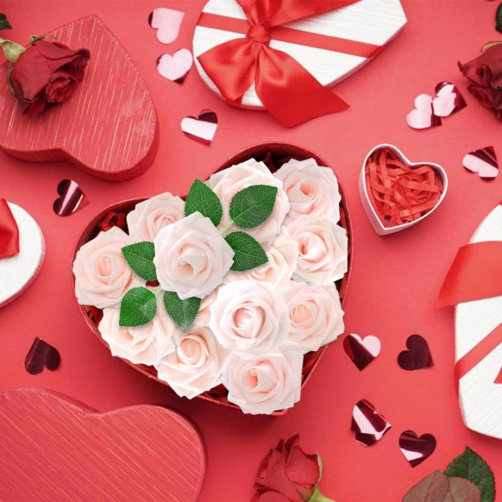 Kunstbloemen, roze rozen, 30 stuks, 8 cm, boeket, kunstdecoratie, bloemen, kunstrozen met stelen en kaart voor Valentijnsdag, tuin, verjaardag, feest, doe-het-zelf bruiloftsdecorat