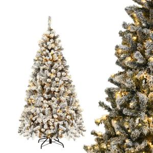 Kunstkerstboom met sneeuw en warmwitte ledverlichting, dennenboom met metalen standaard, pvc-naalden, kunstboom, klapsysteem, 180 cm