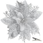 20 Stück Weihnachten Glitzer Weihnachtsstern Blumen mit Clips, Poinsettia Weihnachtsblume Glitzernde für Weihnachtsbaum Dekorationen (Silber)