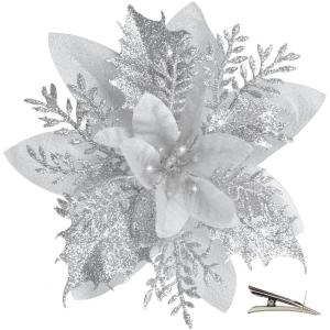 20 Stück Weihnachten Glitzer Weihnachtsstern Blumen mit Clips, Poinsettia Weihnachtsblume Glitzernde für Weihnachtsbaum Dekorationen (Silber)