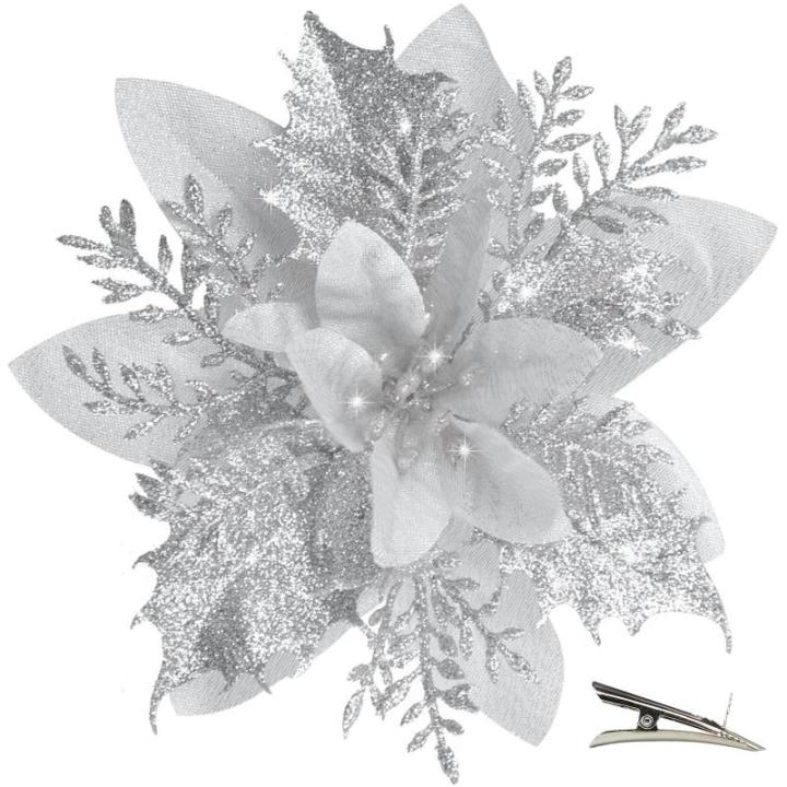 20 Stück Weihnachten Glitzer Weihnachtsstern Blumen mit Clips, Poinsettia Weihnachtsblume Glitzernde für Weihnachtsbaum Dekorationen (Silber)